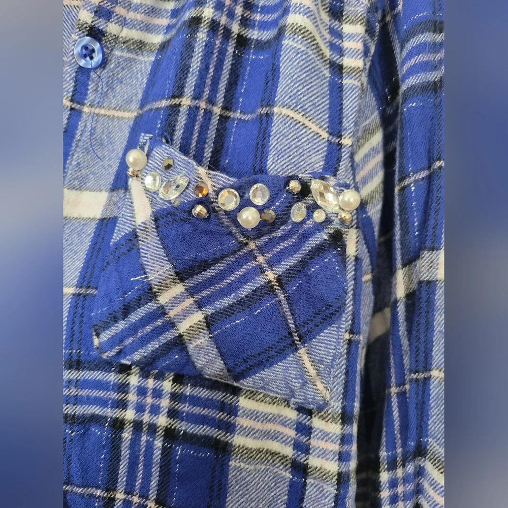 NWOT Justice Girls Blue White Black Pink Plaid Button-Up Shirt 12 Embellished